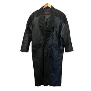 GITANO Womens Long Black Leather Trench Coat 90s Sz M Paisley Suede Yoke VTG